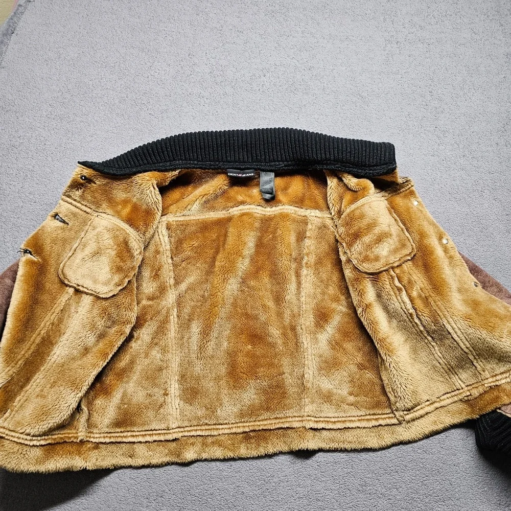 DKNY Faux Shearling‎ Jacket Girls Large Brown Lined Ribbed Collar Button Front